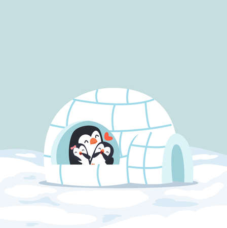 Cute  Penguins happy hug with baby Igloo ice house in winter eps10のイラスト素材