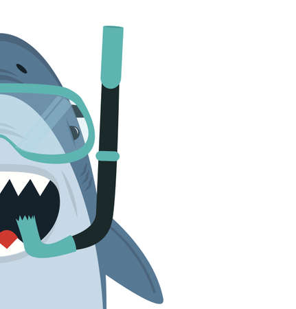 Cute White Shark  with diving equipment vector cartoonのイラスト素材
