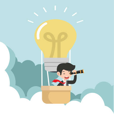 businessman using a telescope with hot air balloon  in the sky idea conceptのイラスト素材