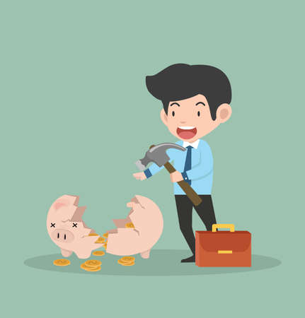 businessman hammer breaking piggy bank conceptのイラスト素材