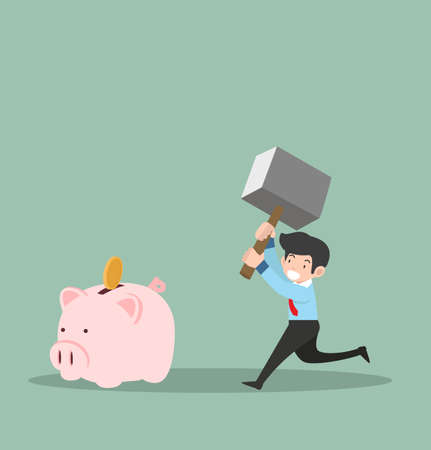 businessman hammer breaking piggy bank concept vectorのイラスト素材