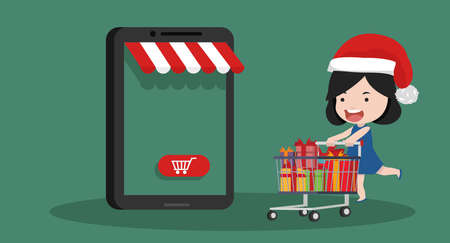 girl with shopping cart rush to shop at online store flatのイラスト素材