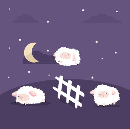 Cute sheeps jumping with the fence in the night backgroundのイラスト素材