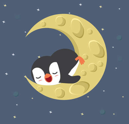 Little penguin sleep with moon in space Greeting cardのイラスト素材