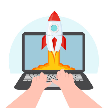 laptop notebook with hand typing working launch of startupのイラスト素材