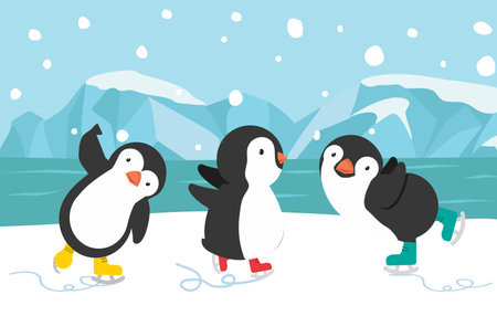 happy Penguin ice skates cartoonのイラスト素材
