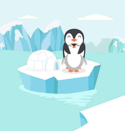penguin with chick in north pole vectorのイラスト素材