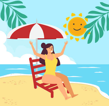 Girl on beach with deck chair  Summer backgroundのイラスト素材