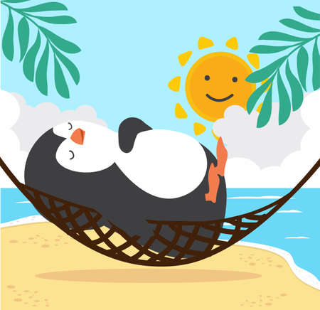 Cute penguin sleeping in hammock  with Summer  Beachのイラスト素材