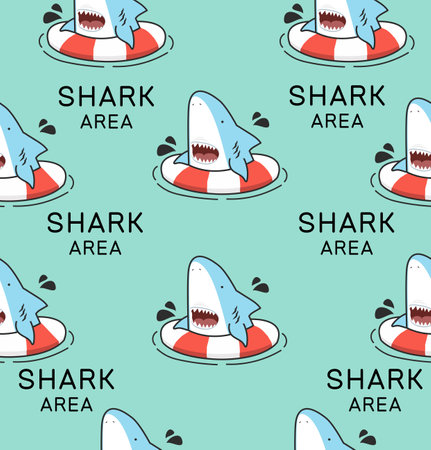 Cute shark open mouth with inflatable ring seamless pattern backgroundのイラスト素材
