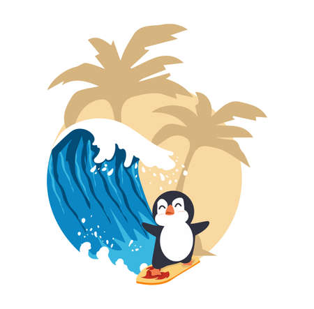 Cute penguin surfing big wave cartoonのイラスト素材