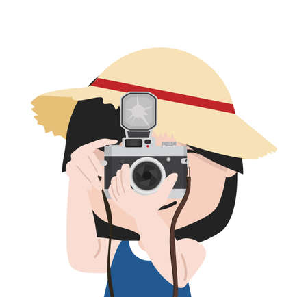 Small girl with camera is taking pictures with straw hat cartoonのイラスト素材