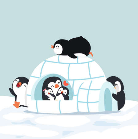 Cute  Penguins Igloo ice house in winterのイラスト素材
