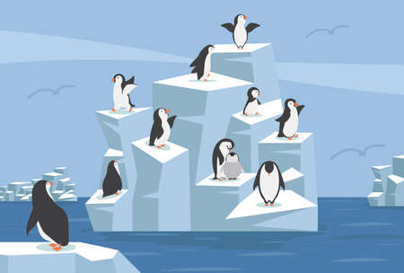 North pole Arctic with group of penguins cartoonのイラスト素材