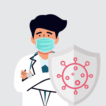 Doctor with shield against the coronavirus cartoonのイラスト素材