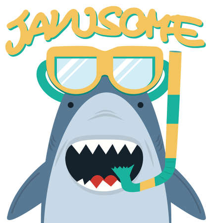 Cute White Shark  with diving equipment Jawsome cartoonのイラスト素材