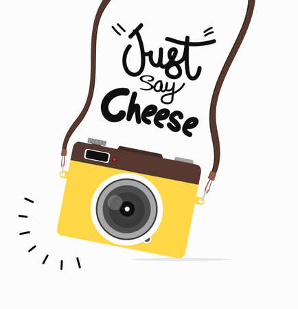 Hanging yellow camera with stylish lettering vectorのイラスト素材
