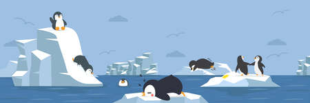 Penguins animals with arctic background cartoonのイラスト素材