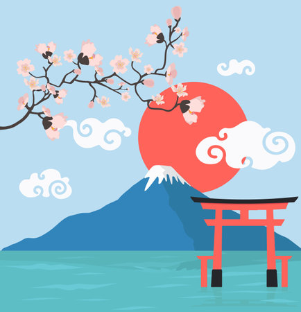 Pink floral branch and Mount Fuji with torii gateのイラスト素材