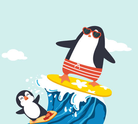 Cute penguin surfing waves cartoon eps10のイラスト素材