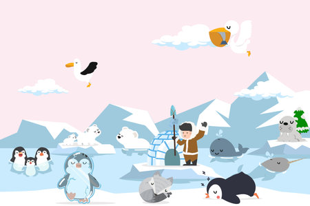 North pole Arctic animals set background cartoonのイラスト素材