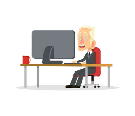 Businessman  working in office behind her desk with desktop computer and coffee cartoonのイラスト素材