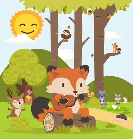 Cute woodland forest animals cartoon character setのイラスト素材