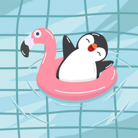 penguin with flamingo float at the pool vectorのイラスト素材