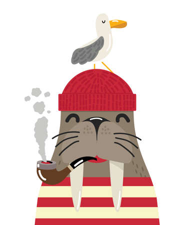 walrus in a cap and sailor shirt with bird redのイラスト素材