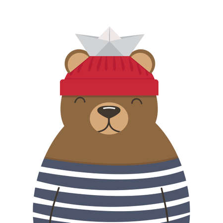 Cute bear doodle sailor cartoon paper boatのイラスト素材