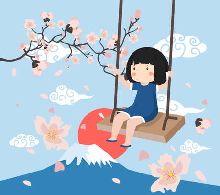 little girl  on a swing  enjoying  Flower Branches background vectorのイラスト素材