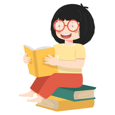 Kid reading book Sitting on book of stackのイラスト素材