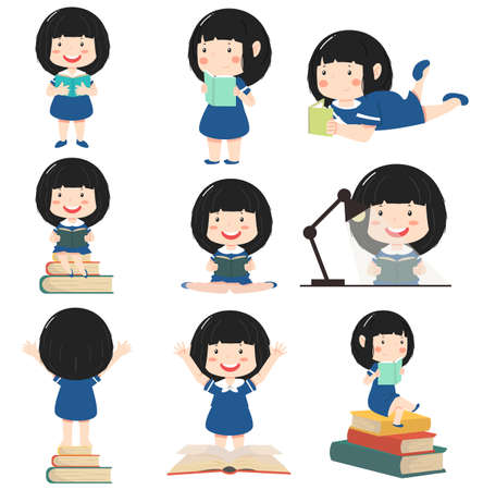 Kid Girl Reading Books child character set cartoonのイラスト素材