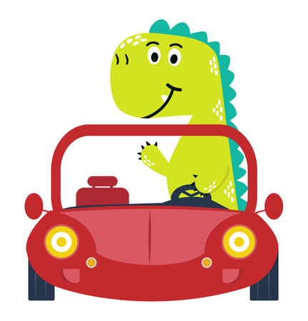 Cute dino drive funny car cartoon vectorのイラスト素材