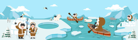 north pole arctic with Eskimo family  landscape background vector