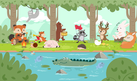 Forest animals in wild nature cartoon sceneのイラスト素材