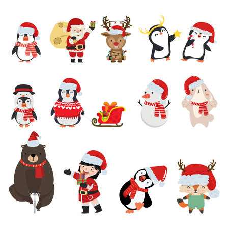 cute happy winter characters Christmas set vectorのイラスト素材