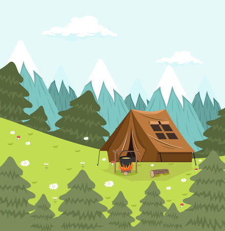 Camping Summer Forest Cartoon flat backgroundのイラスト素材
