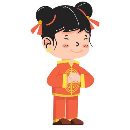 Chinese Kid girl cartoon greeting pose signのイラスト素材
