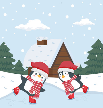 penguin  wearing warm winter clothes ice skating outdoor on snow vectirのイラスト素材