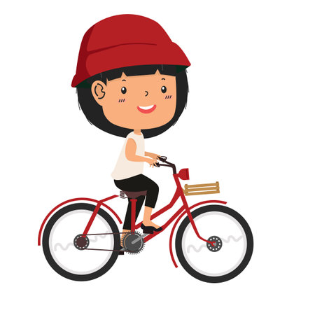 Kid girl riding a bicycle  vector flatのイラスト素材