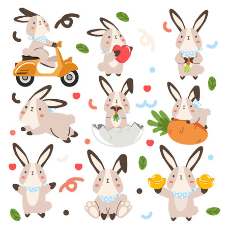 Cute bunny rabbit happy cartoon set vectorのイラスト素材
