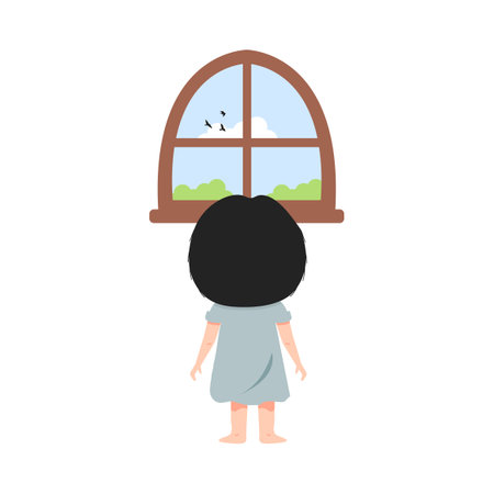 Cute girl looking outside the window cartoon signのイラスト素材