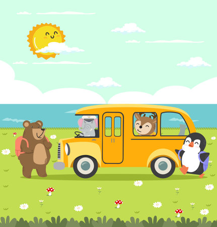 Cartoon animals go to school flatのイラスト素材