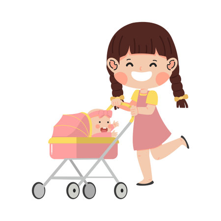 Young woman with the baby in wheeling strollers  flatのイラスト素材