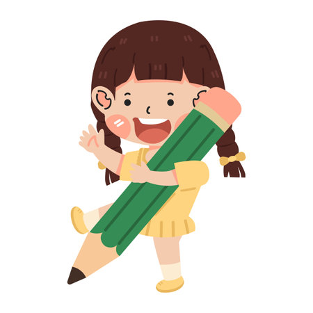 Cartoon Little girl with pencil vectorのイラスト素材