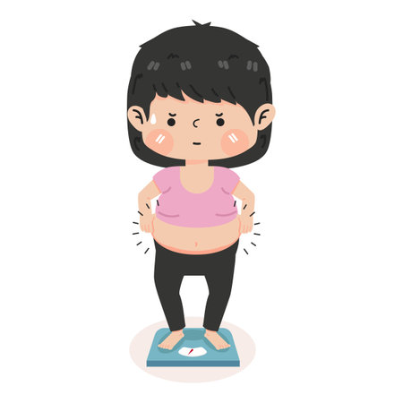 kid girl use weight scale cartoonのイラスト素材