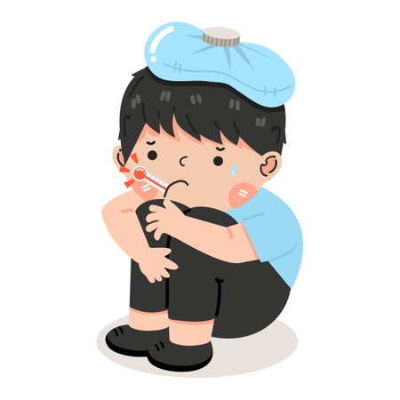 Kid boy  Sick cold with thermometer cartoonのイラスト素材