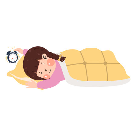 girl sleeping on pillow covered blanket with alarm clock cartoonのイラスト素材