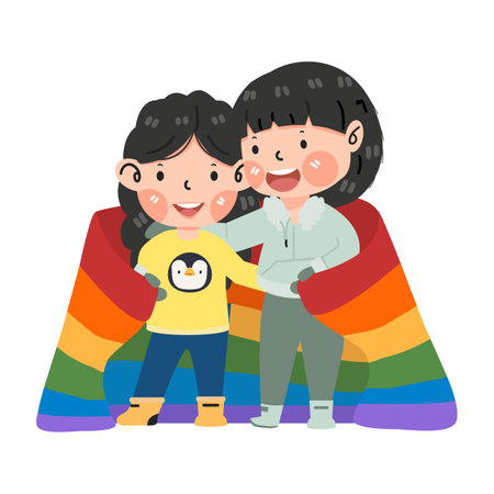 lesbian couple with lgbt flag cartoonのイラスト素材